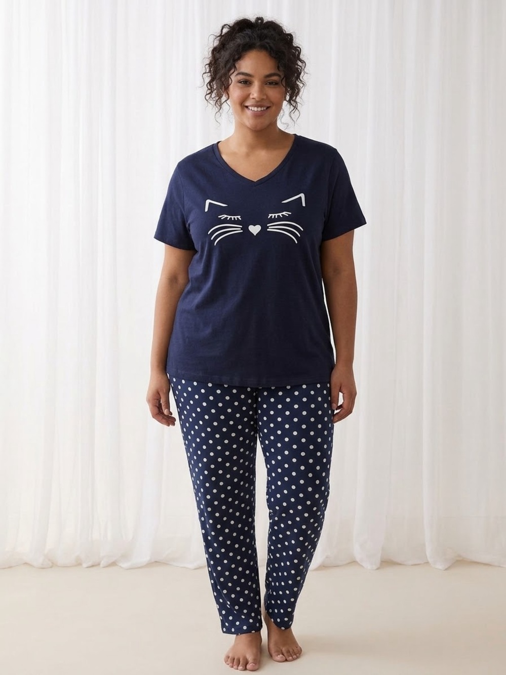 Amazon Essentials Navy Cat Face Women’s Pajama Set with Polka Dot Pants